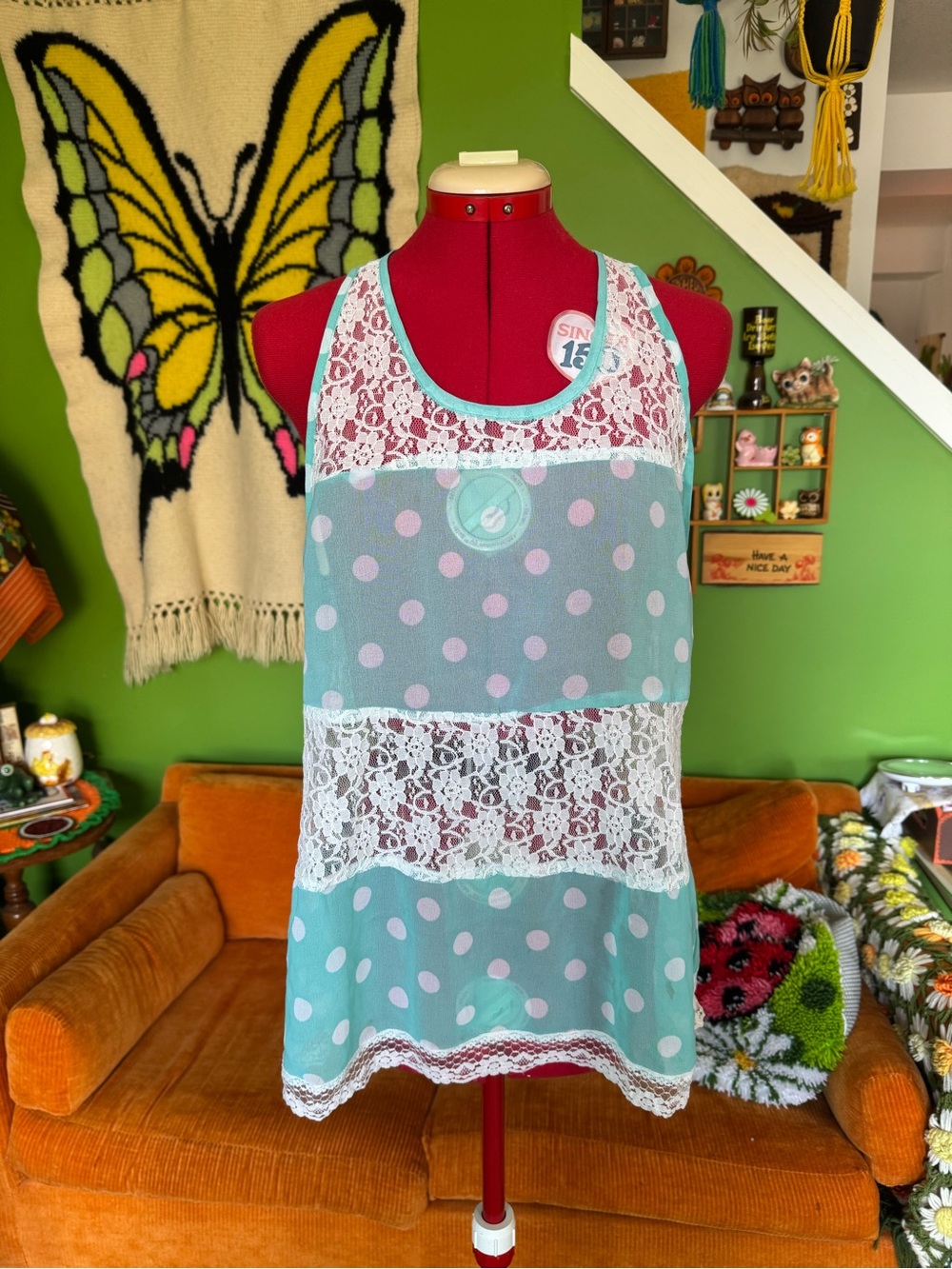 Women’s Mint Polka Dot Lace Tank Top